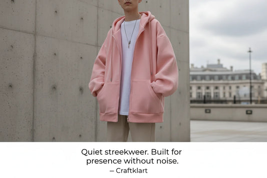Men's oversized zip hoodie in solid color, loose fit hooded jacket by Craftklart Dropship, styled in Hong Kong fashion.