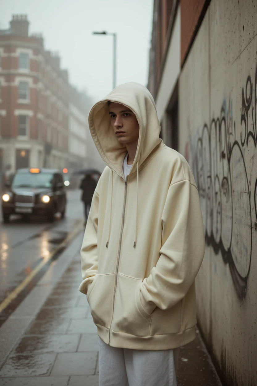 Men's oversized zip hoodie in solid color with hood, loose fit, casual style, made by Craftklart Dropship.