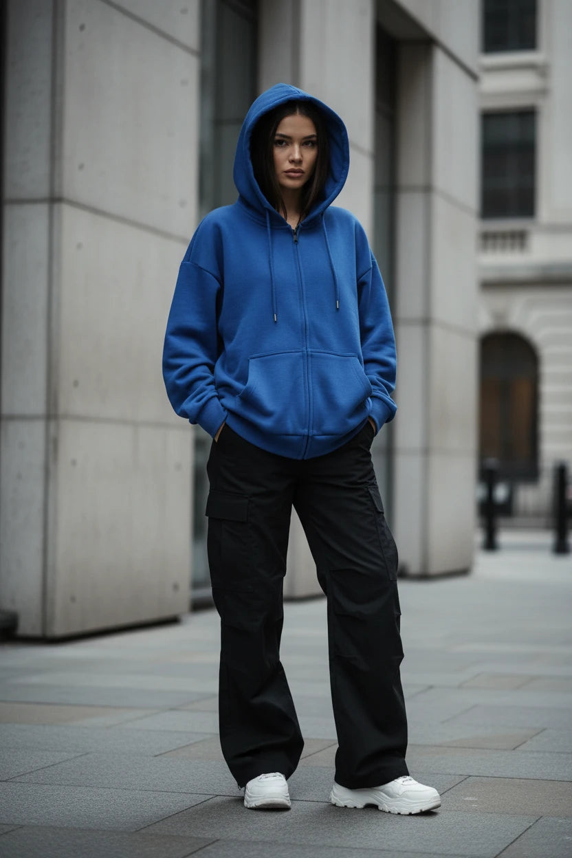 Men's oversized zip hoodie by Craftklart Dropship, loose fit solid color hooded jacket in Hong Kong style, front view.