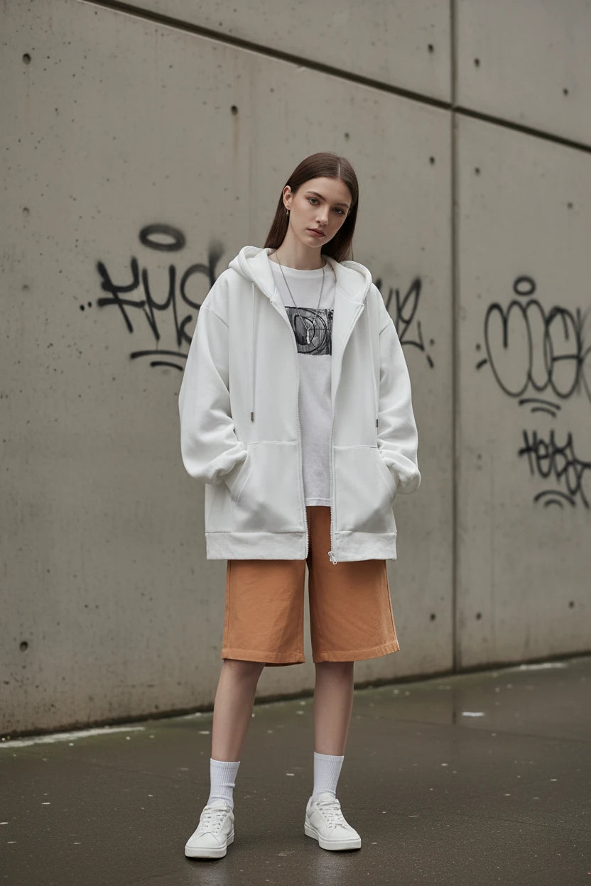 Men's oversized zip hoodie in solid color, loose fit hooded jacket with front zipper, Hong Kong style, by Craftklart Dropship.