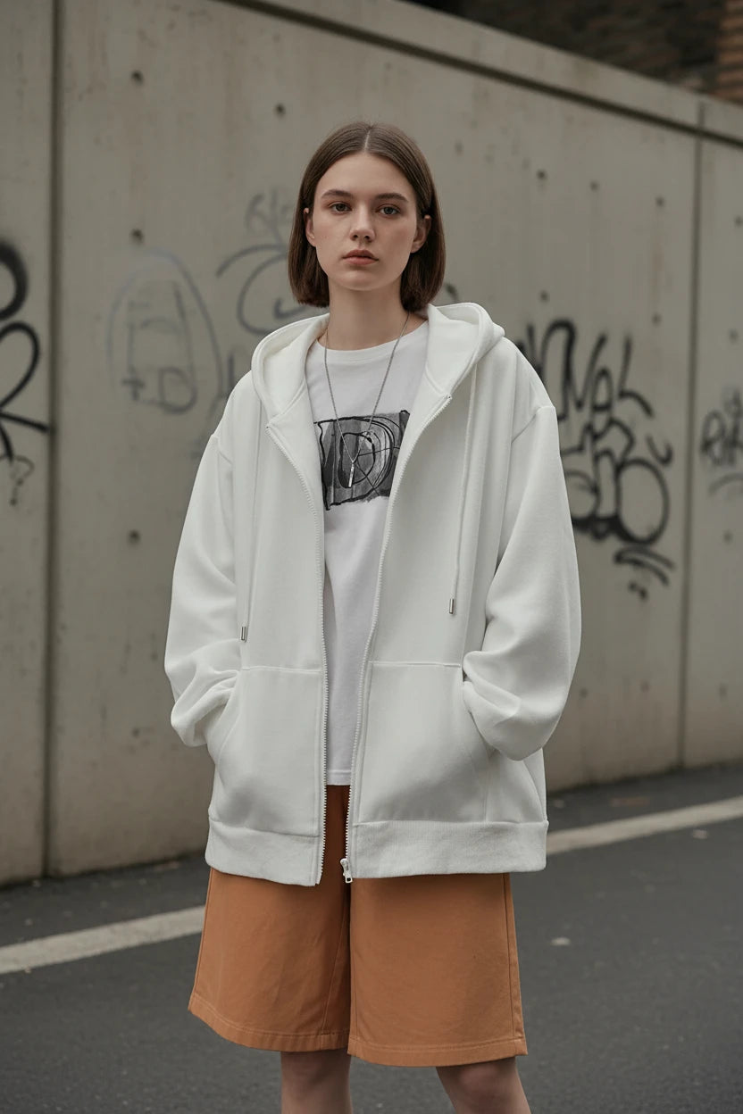 Men's oversized zip hoodie in solid color with hood, loose fit, from Craftklart Dropship, featuring a casual Hong Kong style.