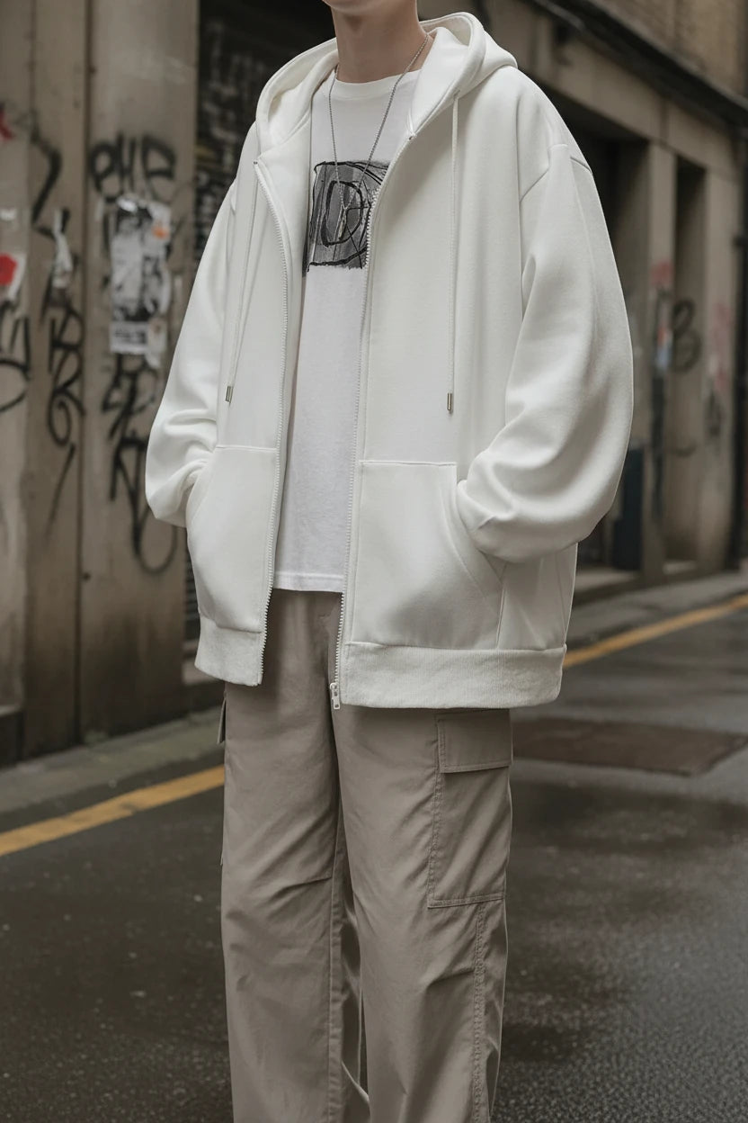 Men's oversized zip hoodie by Craftklart Dropship, loose fit solid color hooded jacket with front zipper and kangaroo pocket.