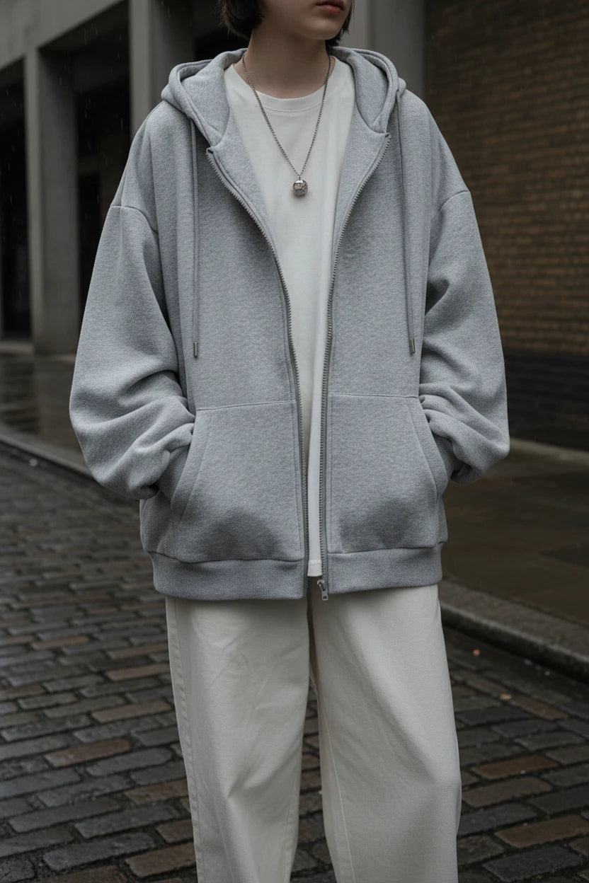 Men's oversized zip hoodie by Craftklart Dropship, loose fit solid color hooded jacket with front zipper and hood, Hong Kong style.