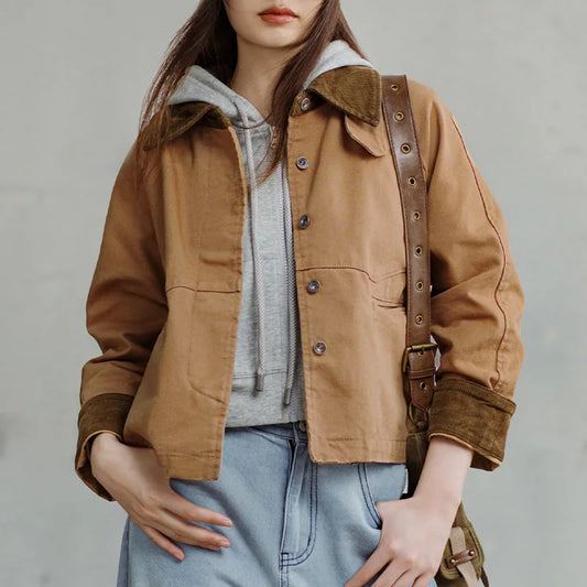 Women's Retro Barn Jacket – Maden Heavyweight Canvas Coat With Corduroy Collar | Minimalist Streetwear | Craftklart