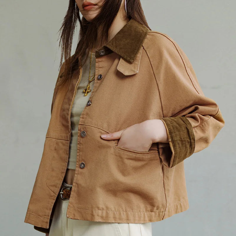 Women's Retro Barn Jacket – Maden Heavyweight Canvas Coat With Corduroy Collar | Minimalist Streetwear | Craftklart