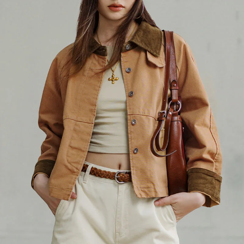 Women's Retro Barn Jacket – Maden Heavyweight Canvas Coat With Corduroy Collar | Minimalist Streetwear | Craftklart