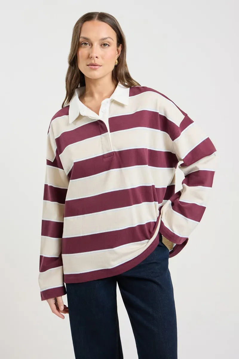 Women's oversized striped long-sleeve pullover with turn-down collar by Craftklart Dropship, in brown with relaxed fit.