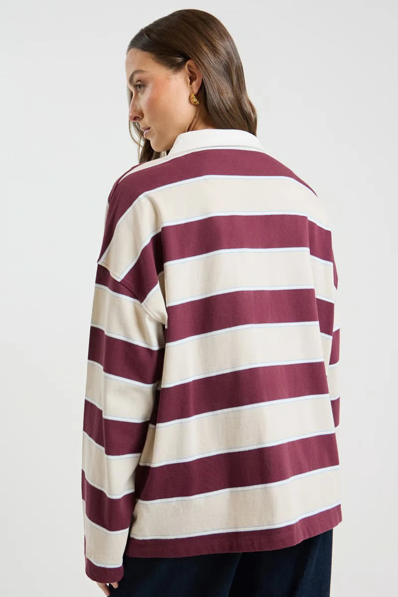 Women's oversized striped long-sleeve pullover with turn-down collar, brown Craftklart Dropship top, relaxed fit and casual style.