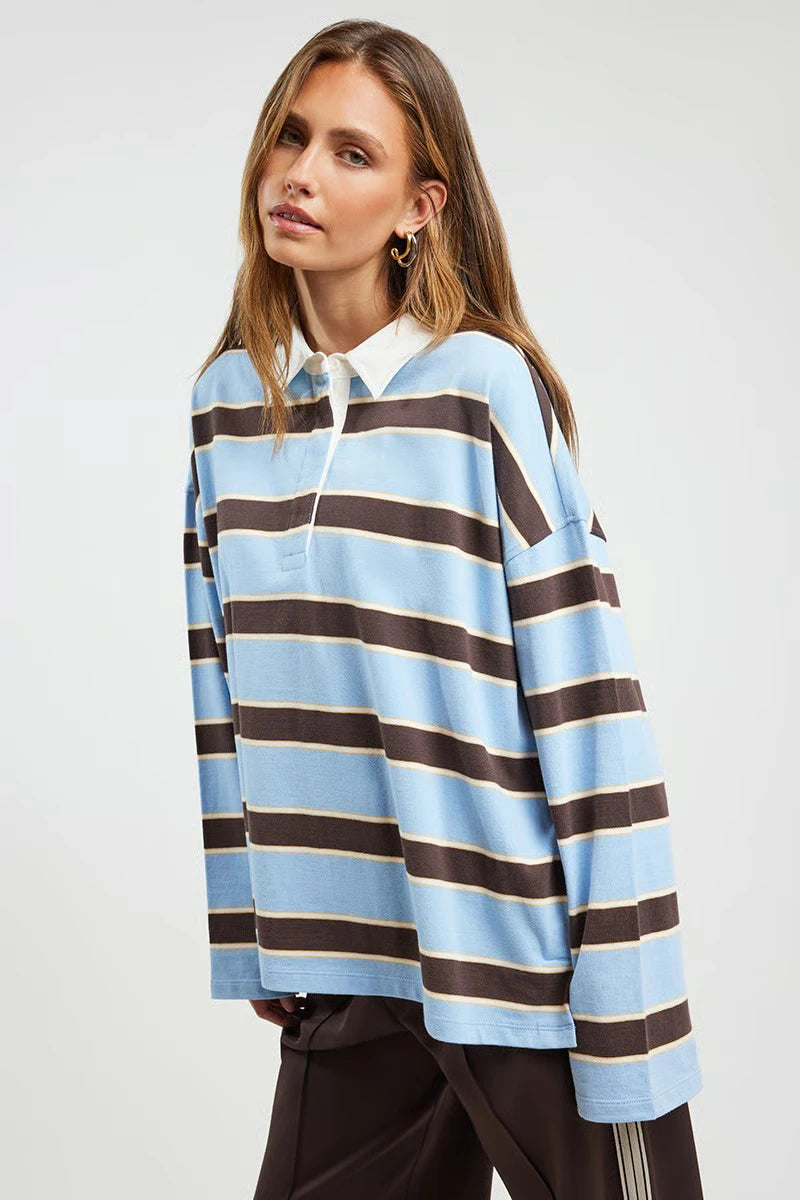 Women's oversized striped longsleeve top with turn-down collar by Craftklart Dropship, featuring brown color and relaxed fit.