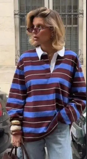 Brown women's oversized striped longsleeve top with turn-down collar by Craftklart Dropship.