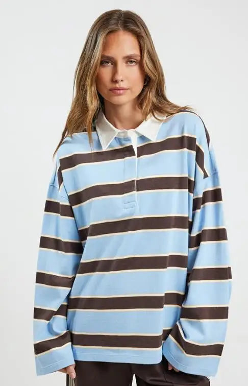 Women's oversized striped long sleeve top with turn-down collar by Craftklart Dropship in brown, featuring a relaxed fit and classic design.