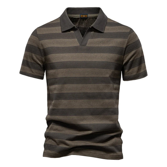 Army green men's urban casual cotton polo shirt by Craftklart Dropship, showing a close-up of the polo collar and fabric texture.