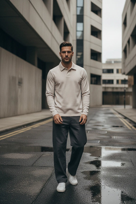 Dark grey men's embroidery long sleeve polo shirt by Craftklart Dropship, showcasing detailed embroidery and classic polo collar.