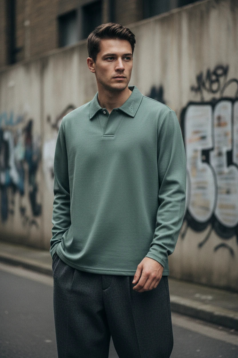 Men's dark grey embroidery long sleeve polo shirt by Craftklart Dropship, showing detailed embroidery and classic polo collar.