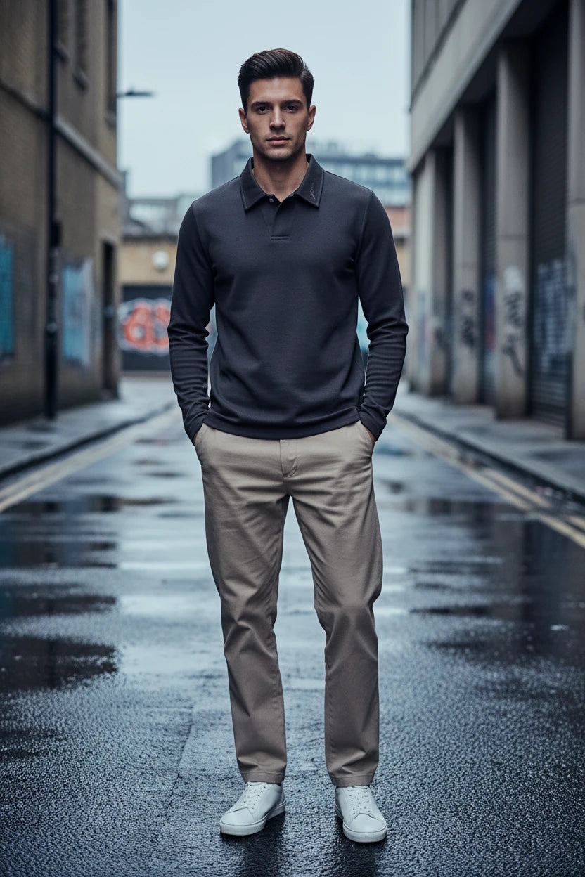 Dark grey men's embroidery long sleeve polo shirt by Craftklart Dropship, featuring a classic collar and detailed embroidery.