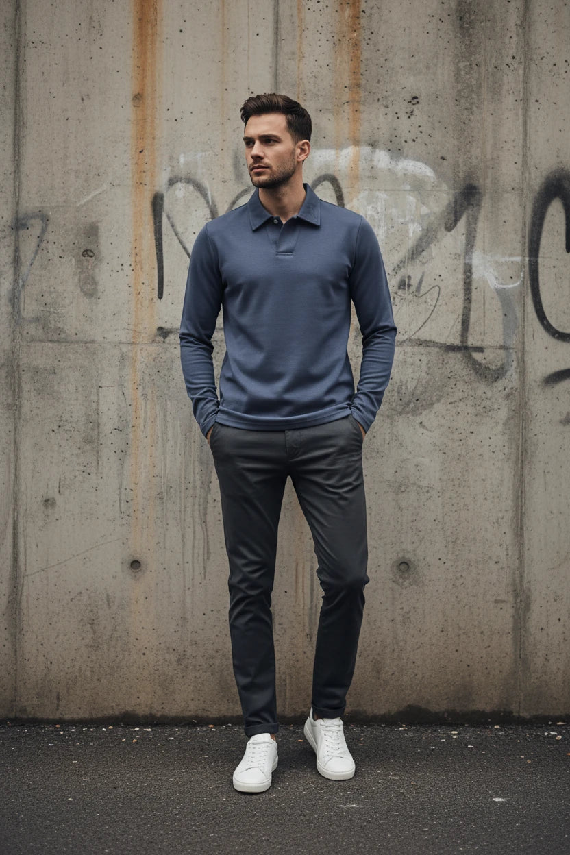 Men's dark grey embroidery long sleeve polo shirt by Craftklart Dropship, featuring a classic design and button collar.