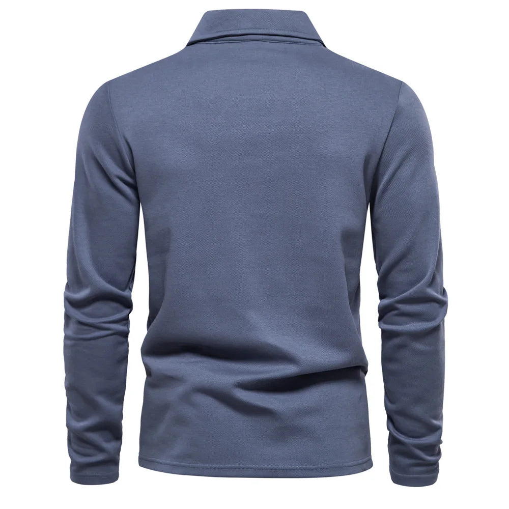 Dark grey men's embroidery long sleeve polo shirt by Craftklart Dropship, showing detailed embroidery and classic polo design.