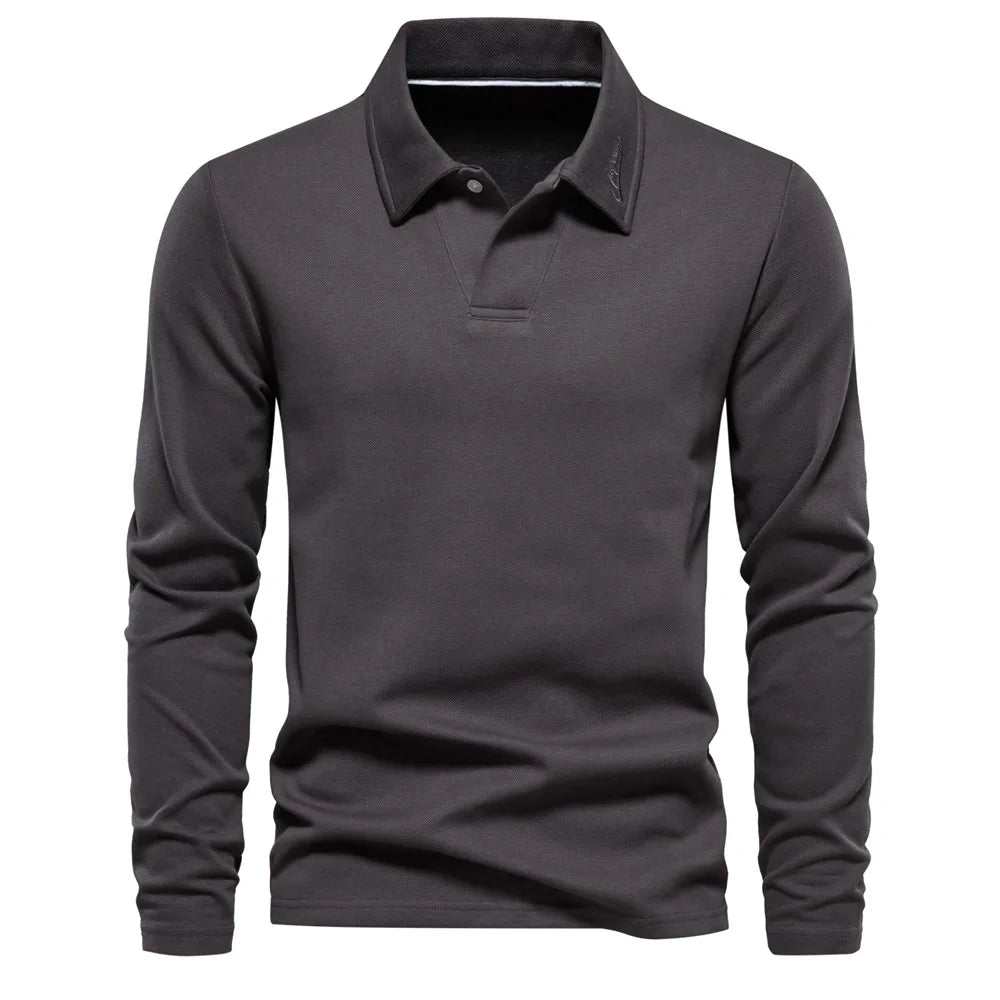 Dark grey men's embroidery long sleeve polo shirt by Craftklart Dropship, featuring detailed embroidery and a classic fit.