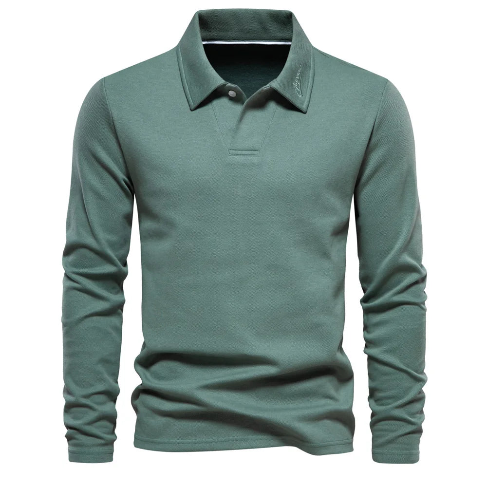 Men's dark grey embroidery long sleeve polo shirt by Craftklart Dropship, showing front view with collar and embroidered details.