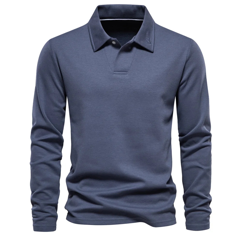Men's dark grey embroidery long sleeve polo shirt by Craftklart Dropship, showing the detailed embroidery and classic polo collar.