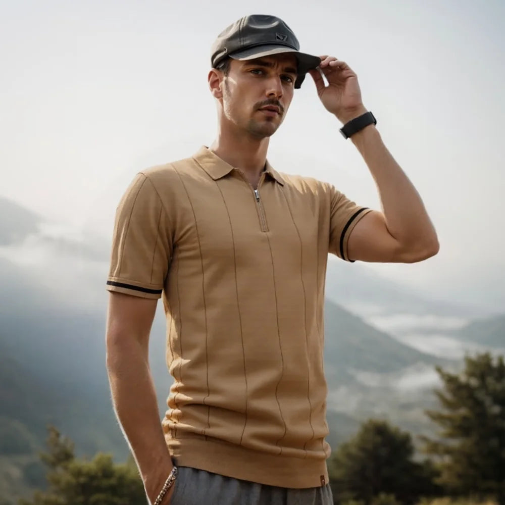 Craftklart Men's breathable slim-fit polo shirt in light green, featuring a zipper, casual sport style, perfect for everyday wear.