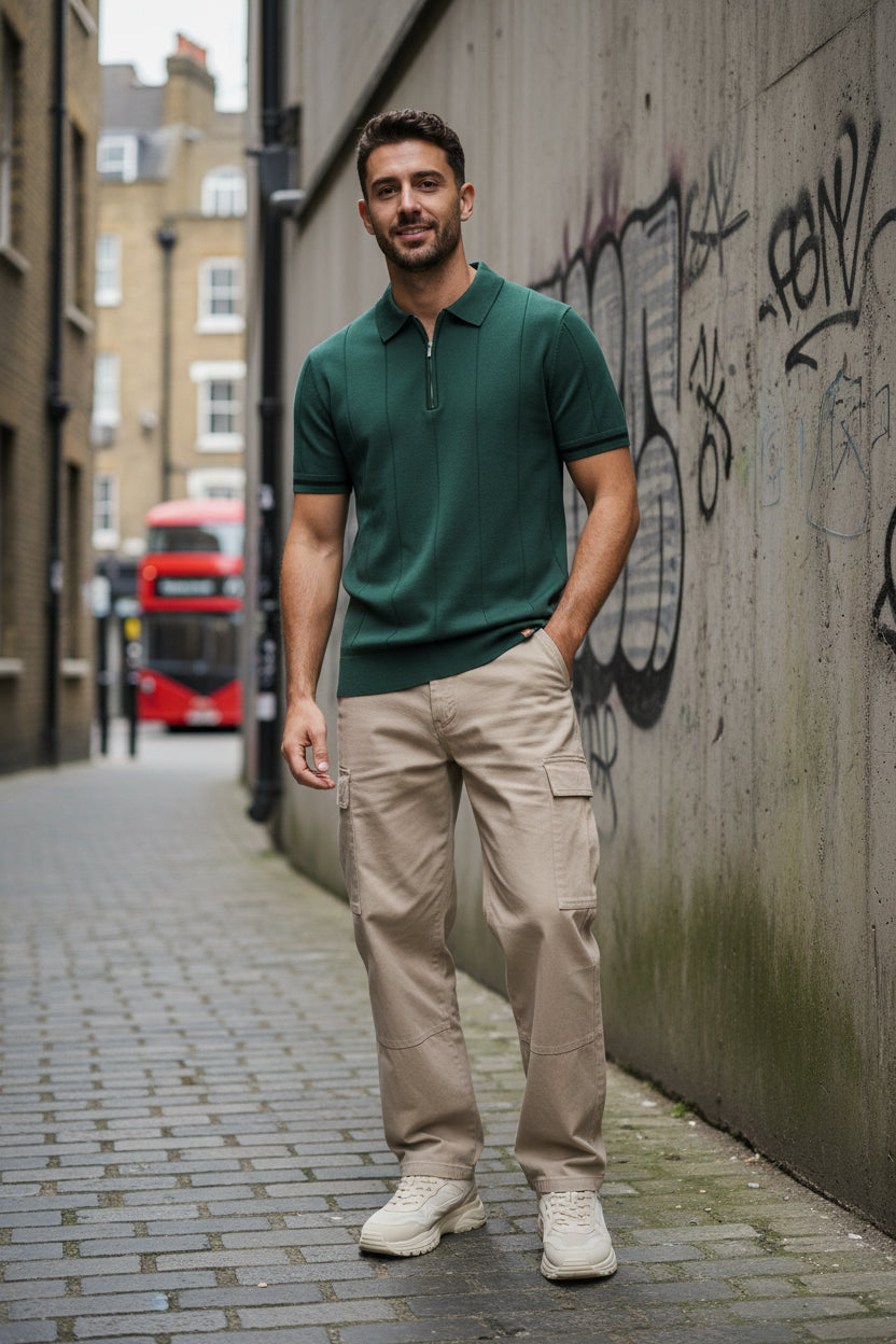 Green men's breathable polo shirt by Craftklart Dropship, slim fit with zipper, casual sport style, available in multiple colors.
