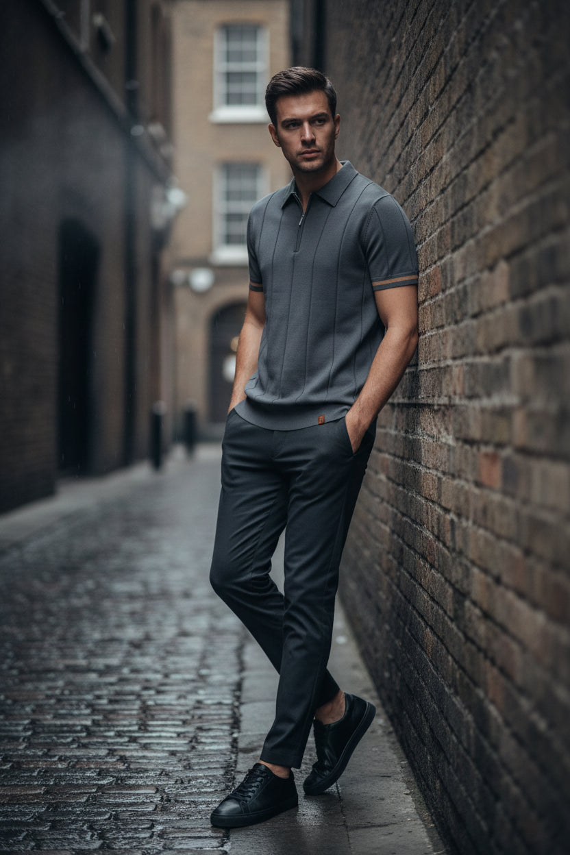 Craftklart Men's breathable slim-fit polo shirt in light green, featuring a zipper and casual sporty style.