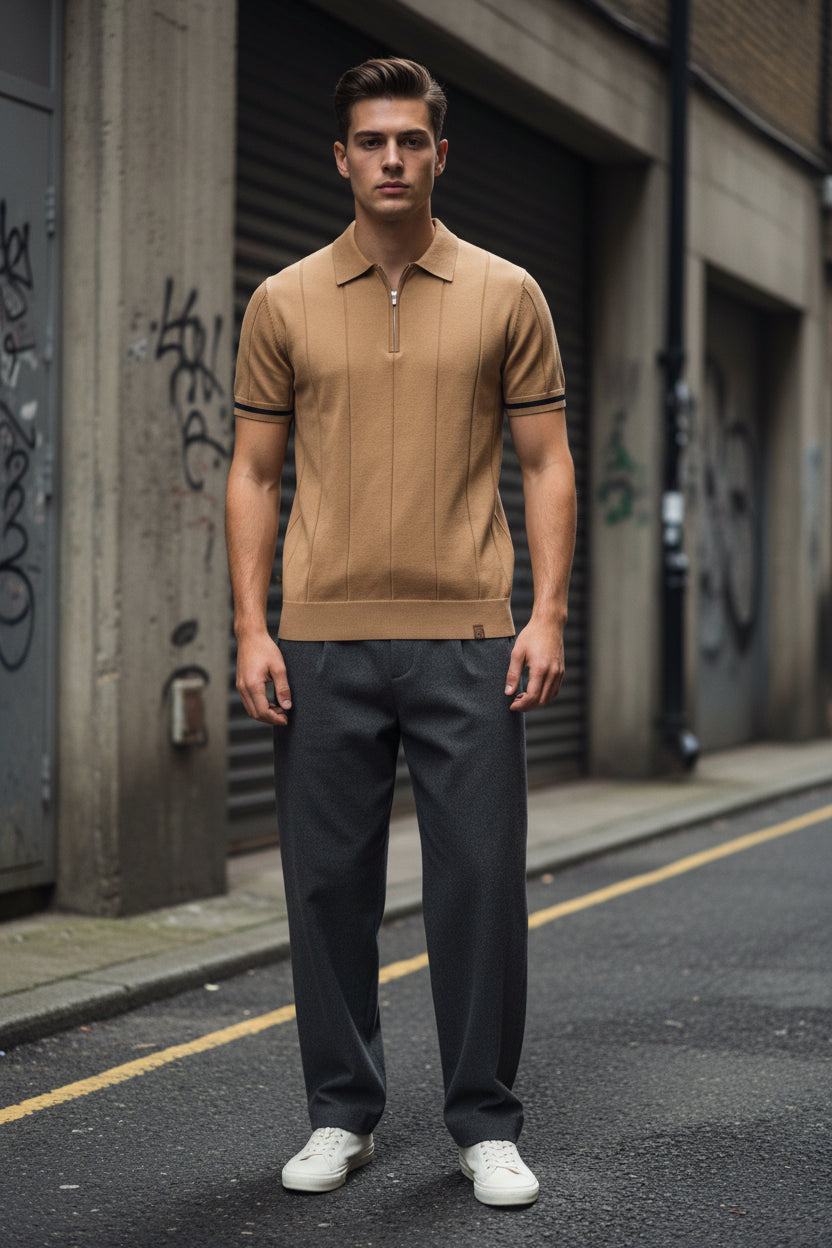 Craftklart men's breathable slim-fit polo shirt in light green, featuring zipper detail and sporty casual style.