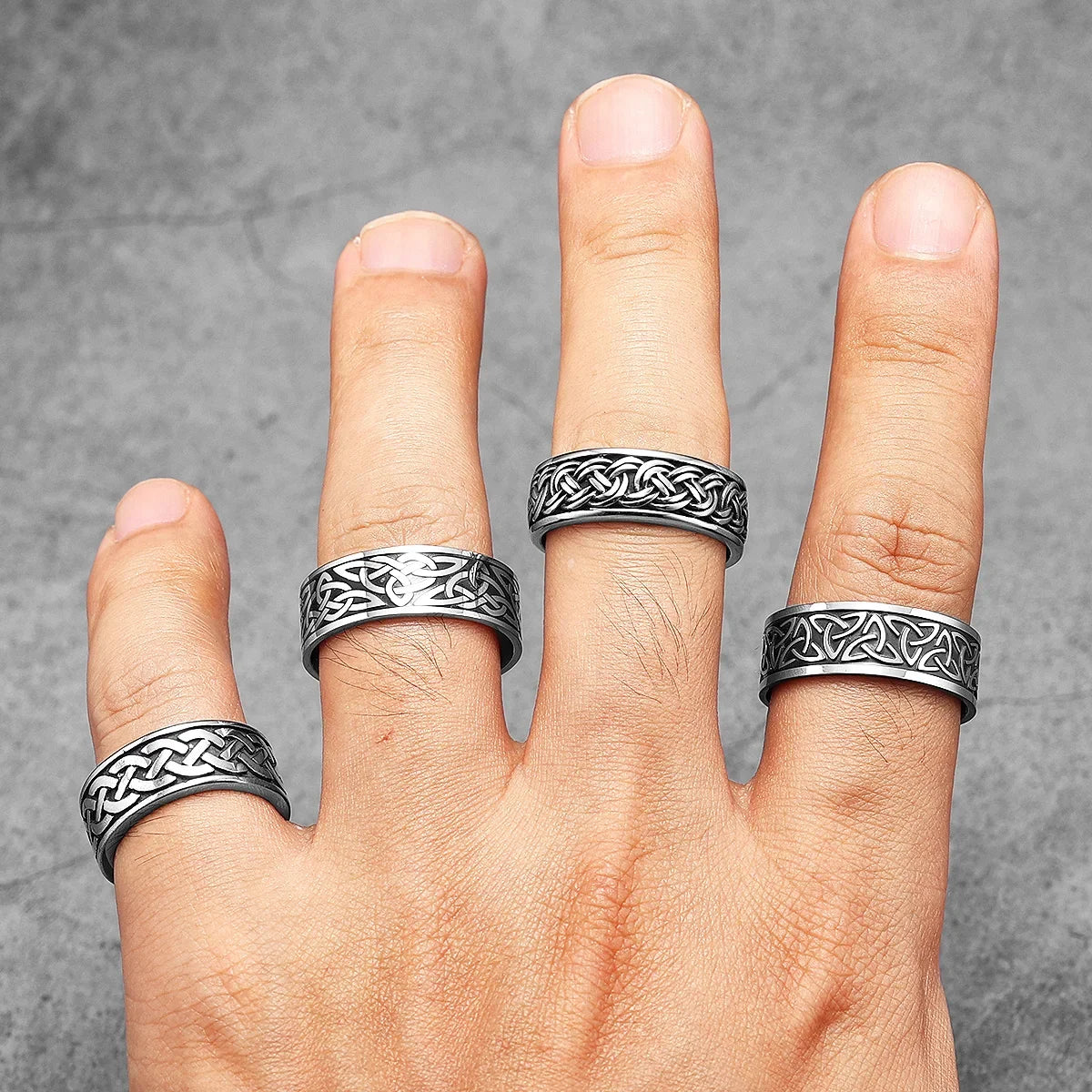Men's stainless steel Viking-styled ring featuring Celtic knot design, simple aesthetic and bold craftsmanship by Craftklart Dropship.
