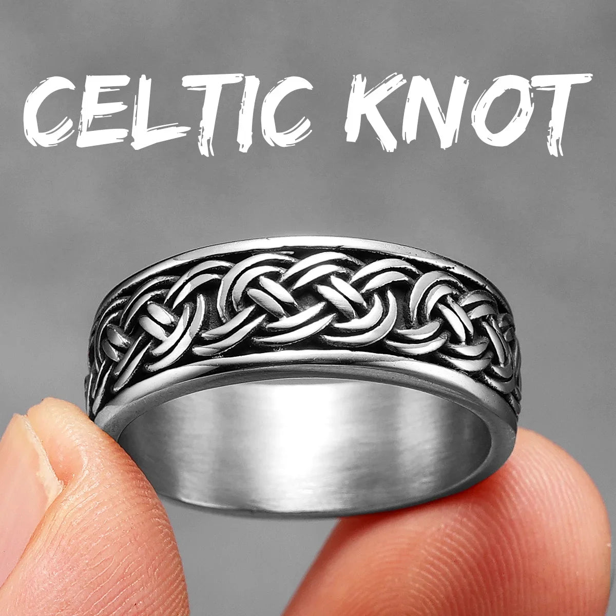 Men's stainless steel Viking styled ring with Celtic knot design, simple aesthetic, crafted for a bold, masculine look.