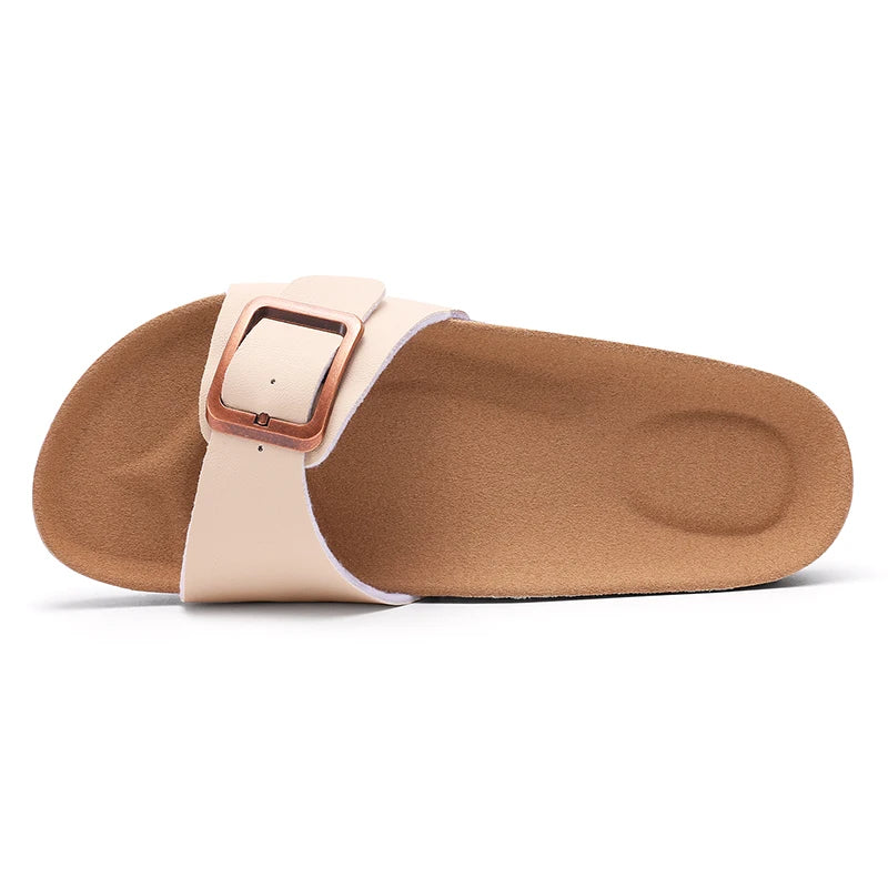 Women's flat mule sandals with buckle straps from Craftklart Dropship, featuring casual slide design and open-toe style.