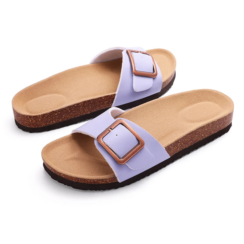 Women's flat mule sandals with buckle strap, casual slip-on slides by Craftklart Dropship, featuring a simple, comfortable design.