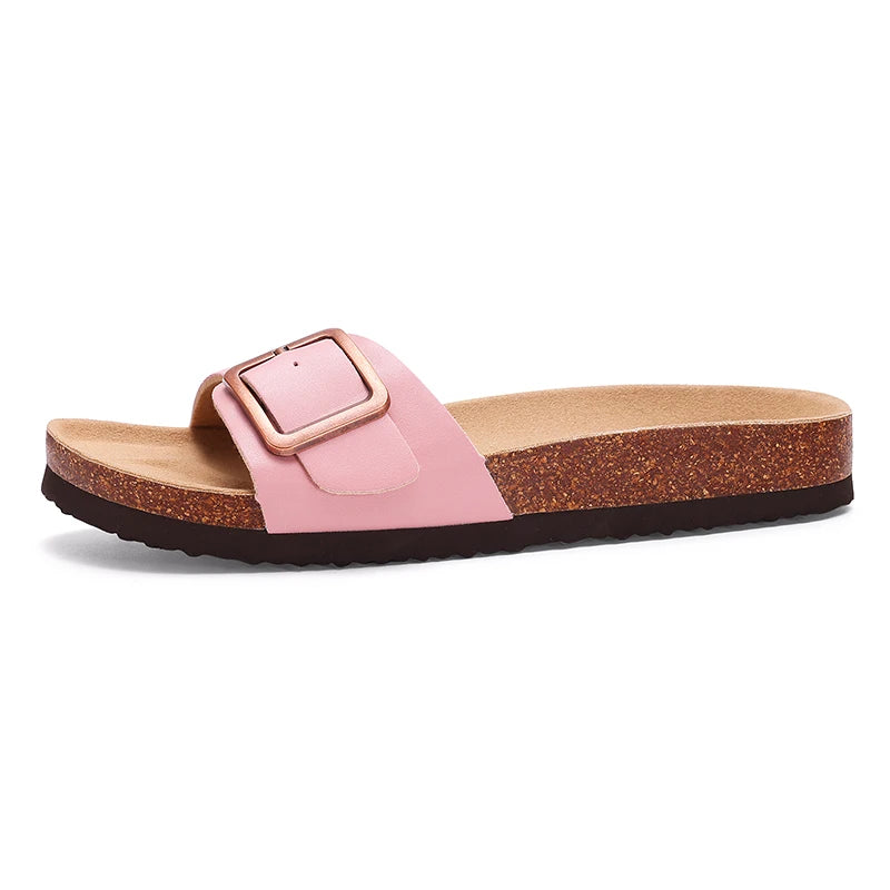 Women's flat mule sandals with buckle straps from Craftklart Dropship, featuring casual slide design in black.