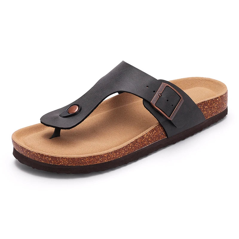 Women's flat mule sandals with buckle strap, casual slip-on slides by Craftklart Dropship, shown in black.