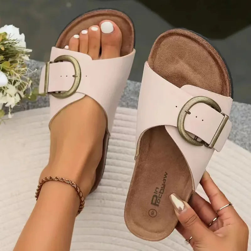 Women’s summer cork house slippers with single buckle strap, in khaki, by Craftklart Dropship, featuring comfortable sandal design.