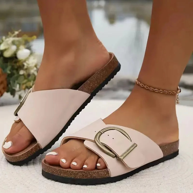 Women's summer cork house slippers with single buckle strap, khaki color, Craftklart Dropship sandal for comfortable indoor wear.