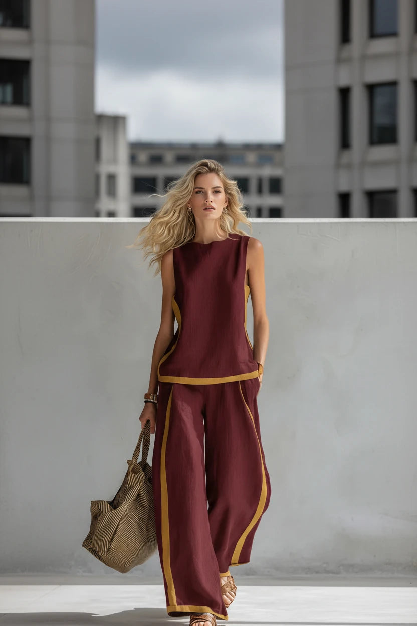 Craftklart wine red sleeveless top and wide-leg trouser set for women, casual and loose fit, stylish two-piece outfit.