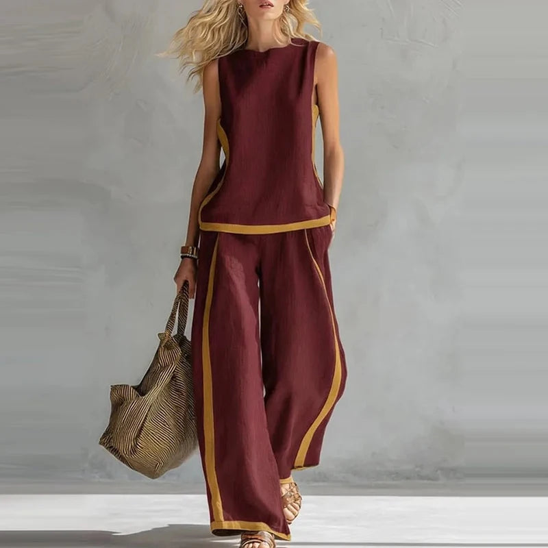 Craftklart women's wine red sleeveless top and wide-leg trouser set, casual and stylish two-piece outfit for women.
