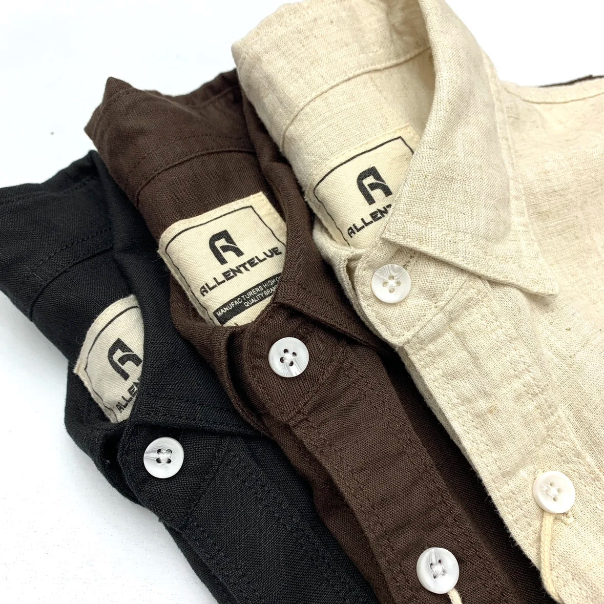 Black American Retro cotton linen men's shirt with relaxed fit and lapel collar, styled for casual wear.