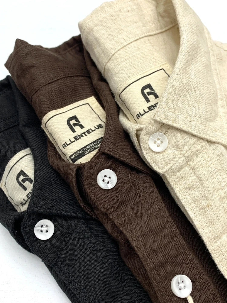 Black American Retro cotton linen men's shirt with relaxed lapel, featuring a casual fit and classic style.