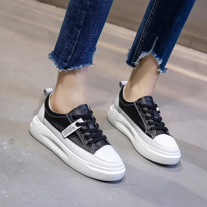 Women's Leather Platform Sneakers – Lace-Up Casual Flat Shoes | Multi-Colour | Minimalist Streetwear | Craftklart