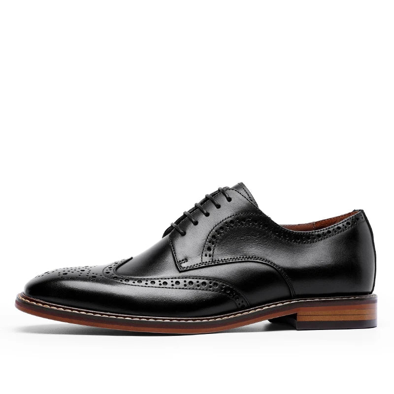 Men's black genuine leather carved brogue dress shoes with detailed perforations and classic lace-up design.