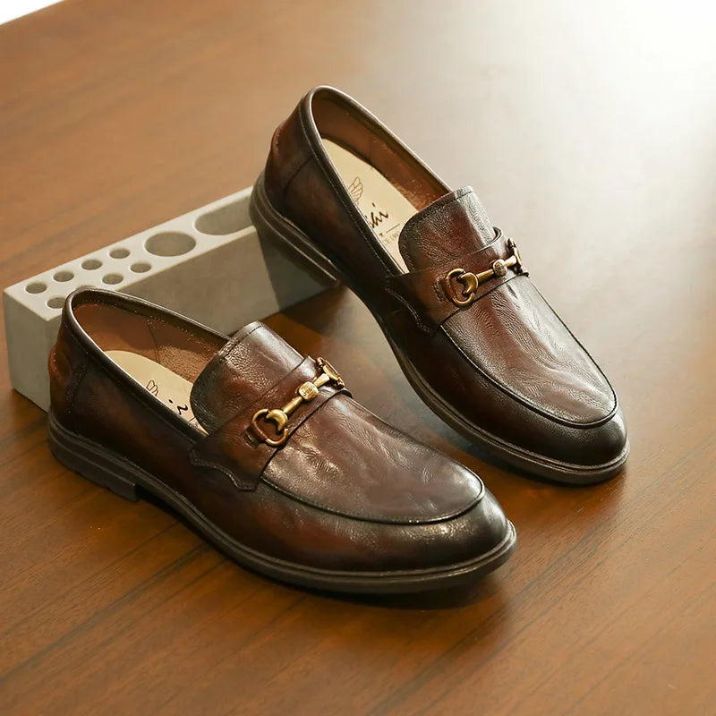 Men's genuine leather loafers by Craftklart Dropship, slip-on casual driving shoes in black and brown leather.
