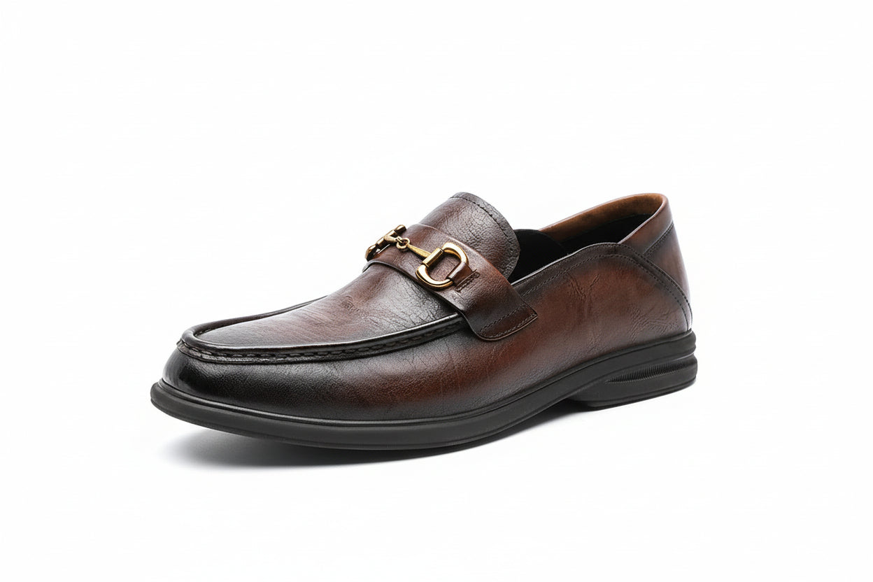 Men's genuine leather loafers by Craftklart Dropship, black and brown slip-on casual driving shoes with sleek design.