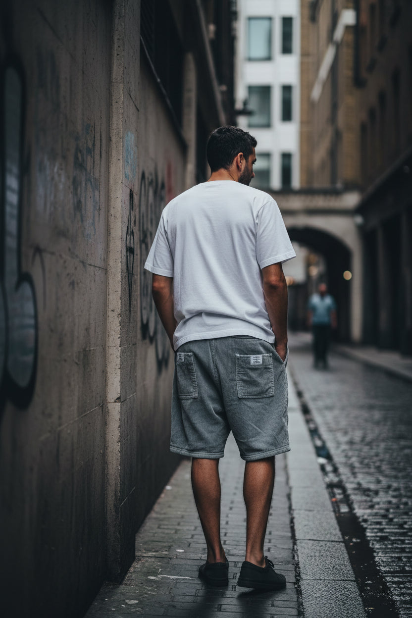 Gray corduroy shorts for men with multiple pockets and straight leg design, perfect for casual summer wear.