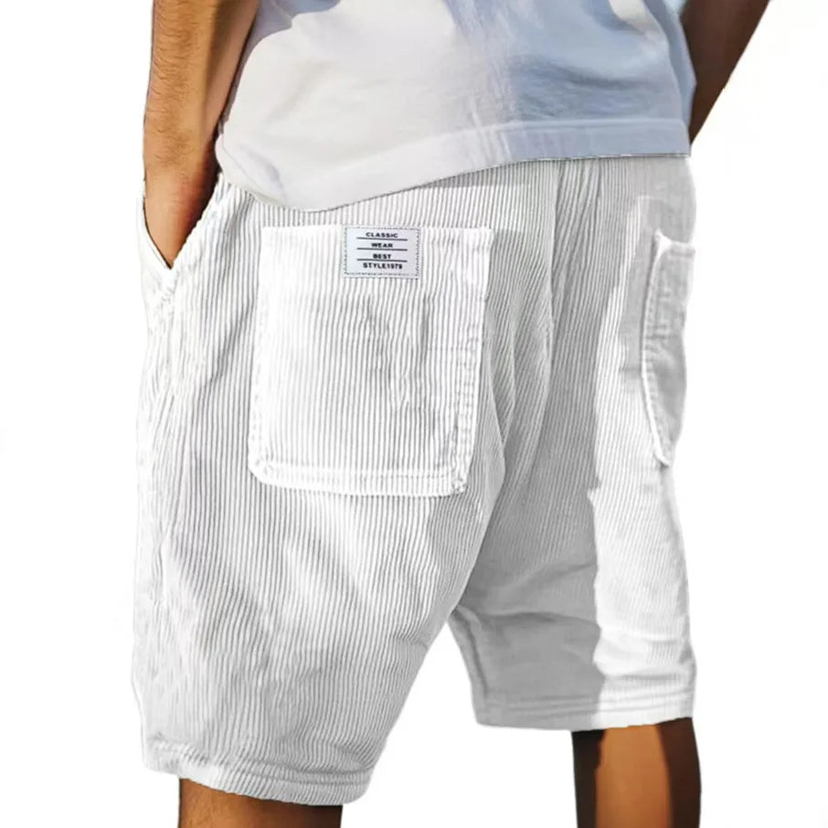 Gray men's corduroy shorts with multiple pockets and a straight leg design, perfect for summer casual wear.