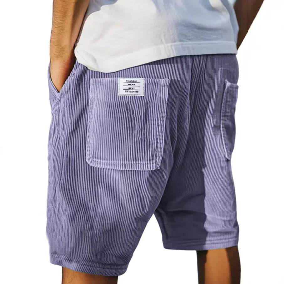 Gray men's corduroy shorts with multiple pockets and a straight leg fit, perfect for summer casual wear.