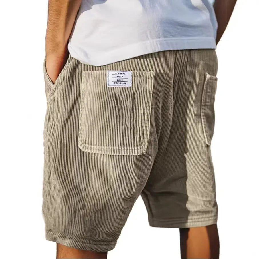 Gray men's corduroy shorts with multi-pocket design and straight leg fit, perfect for summer casual wear.