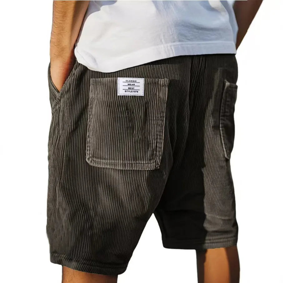 Gray men's corduroy shorts with multi-pocket design and straight leg fit, perfect for summer casual wear.