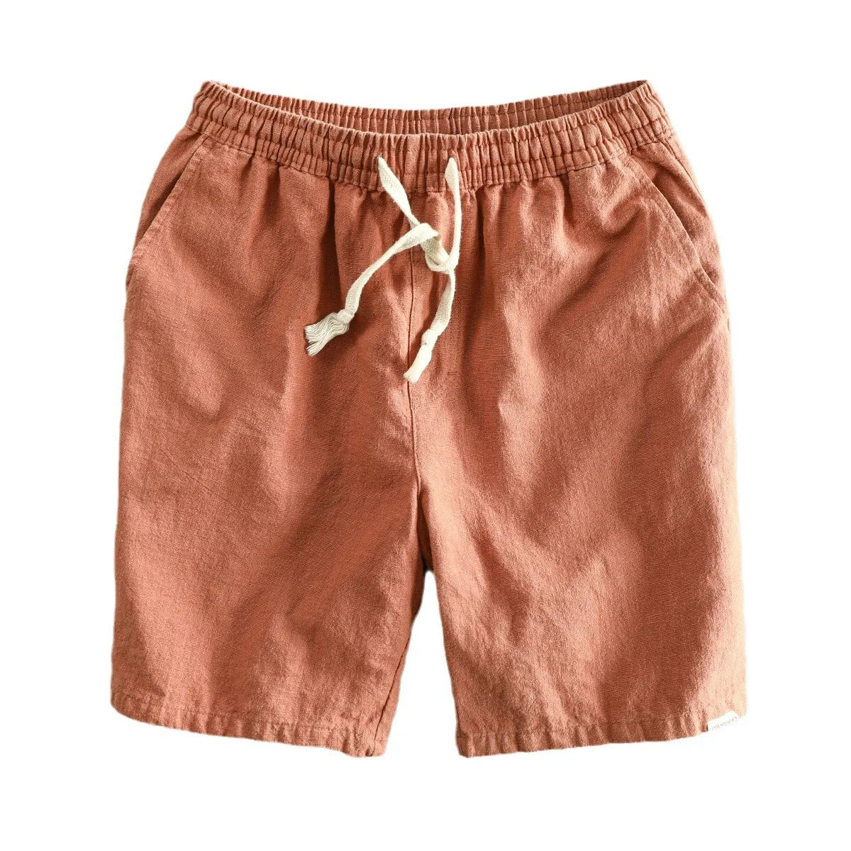 Urban men's cotton linen shorts in brick red, Craftklart Dropship brand, front view showing relaxed fit and lightweight fabric.